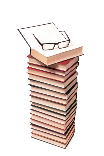 Lunettes Vieux Livres Papier Sur Fond Blanc — Photo