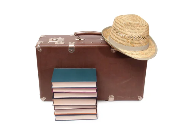 Old Books Leather Suitcase White Background — Stock Photo, Image