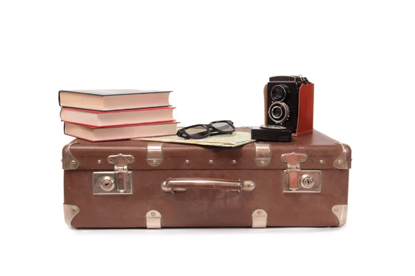 Vintage Suitcase Old Camera White Background — Stock Photo, Image