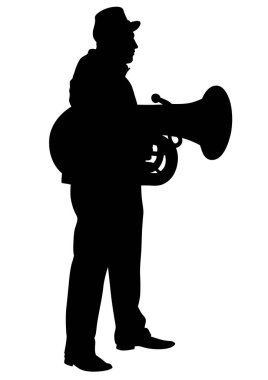 Beyaz arka planda nefesli çalgılar ile eski zaman üniformaları askeri müzisyenler