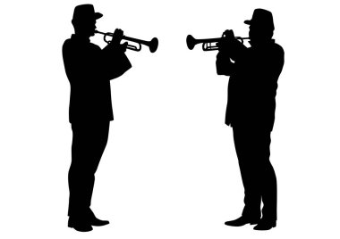 Beyaz arka planda nefesli çalgılar ile eski zaman üniformaları askeri müzisyenler