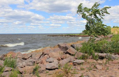 Deniz ve taş plaj büyük dalgalar