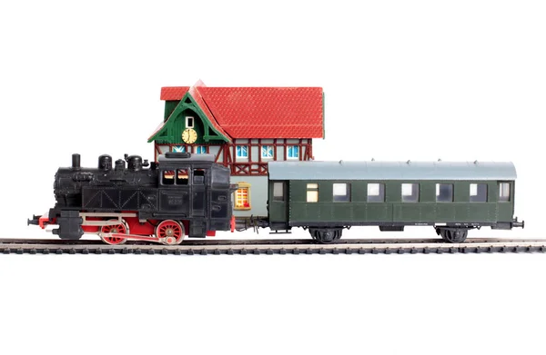 Model Steam Locomotive Passenger Cars Rails White Background — Stock Photo, Image