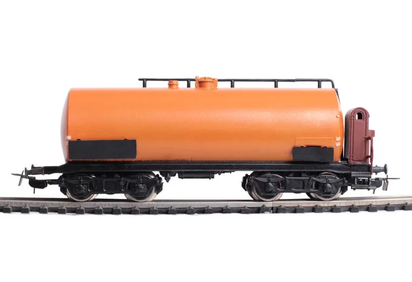 Modell Einer Dampflokomotive Mit Zisterne Auf Schienen Auf Weißem Hintergrund — Stockfoto