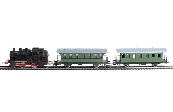 Modell Einer Dampflokomotive Und Personenwagen Auf Schienen Auf Weißem Hintergrund — Stockfoto