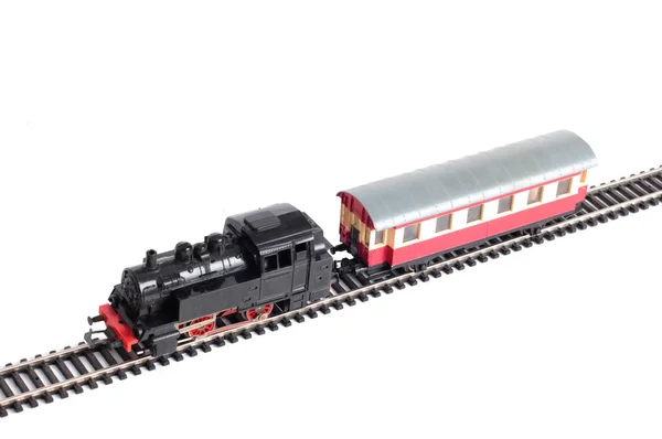 Model Steam Locomotive Passenger Cars Rails White Background — Stock Photo, Image