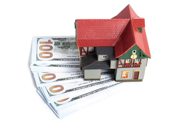 Model Starego Domu Wsi Tle Papierowych Dolarów — Zdjęcie stockowe