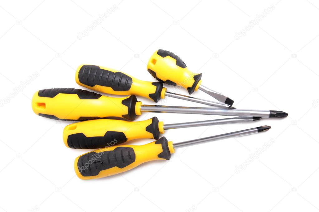 Set of screwdrivers for construction work on a white background