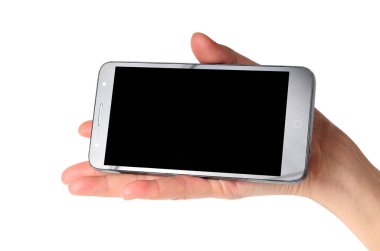 Beyaz arka planda akıllı telefon ile kadın el