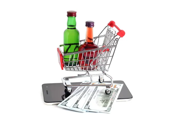 Metal Cart Whit Bottle Store Smartphone White Background — Stock Photo, Image