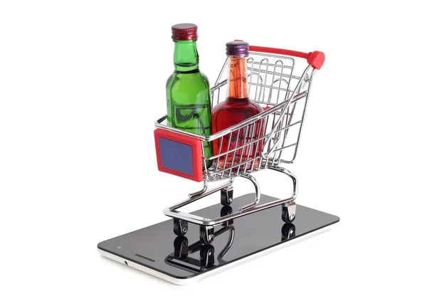 Metalen Kar Whit Fles Van Store Smartphone Een Witte Achtergrond — Stockfoto