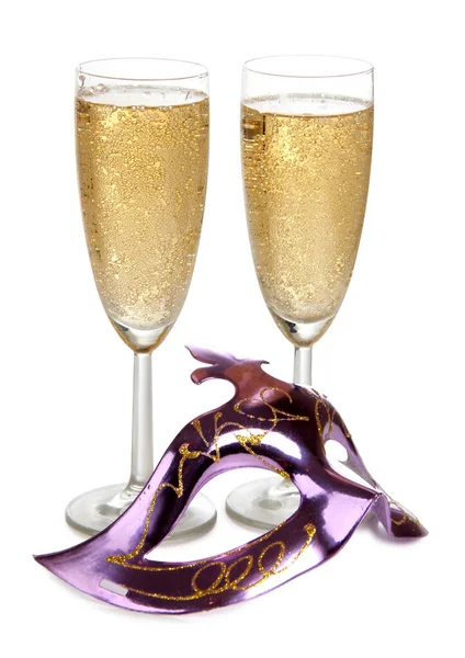 Carnival Mask Glasses Champagne Isolated Objects White Background — Stock Photo, Image