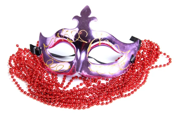 Maschera Carnevale Perline Rosse Oggetti Isolati Sfondo Bianco — Foto Stock