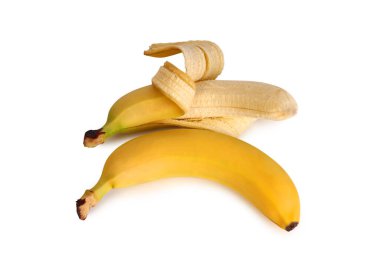 Beyaz arka planda olgun sarı muz. Yemek pişirmek için gerekli malzemeler