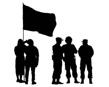 Beyaz arka planda bayrakları olan özel polis güçleri ve göstericiler 