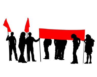 Bayrak ve bayraklı insanlar. Beyaz arka planda izole edilmiş insan siluetleri.