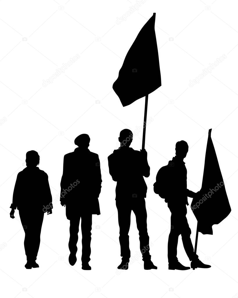 People of with banner and flags. Isolated silhouettes of people on a white background