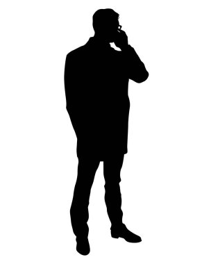 Takım elbiseli bir adam cep telefonuyla konuşuyor. Beyaz arka planda izole edilmiş siluetler