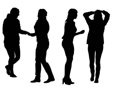 Genç kadınlar birbirleriyle konuşurlar. Beyaz arka planda izole edilmiş siluetler. Feminizm Teması