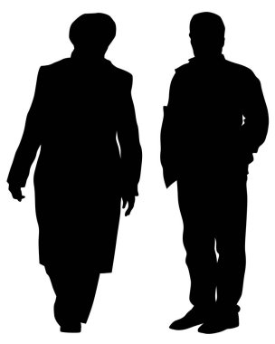 İki yaşlı insan cadde boyunca yürüyor. Beyaz arkaplanda izole edilmiş siluetler