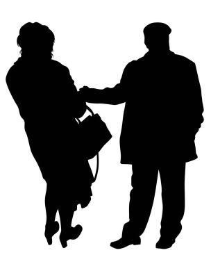 İki yaşlı insan cadde boyunca yürüyor. Beyaz arkaplanda izole edilmiş siluetler