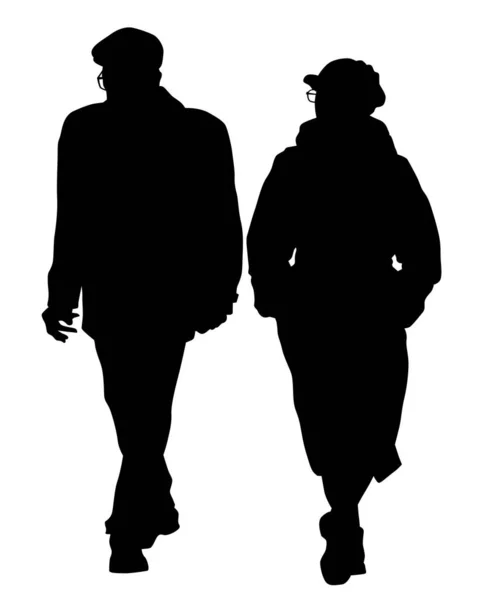 Zwei Ältere Menschen Gehen Die Straße Entlang Vereinzelte Silhouetten Auf — Stockvektor