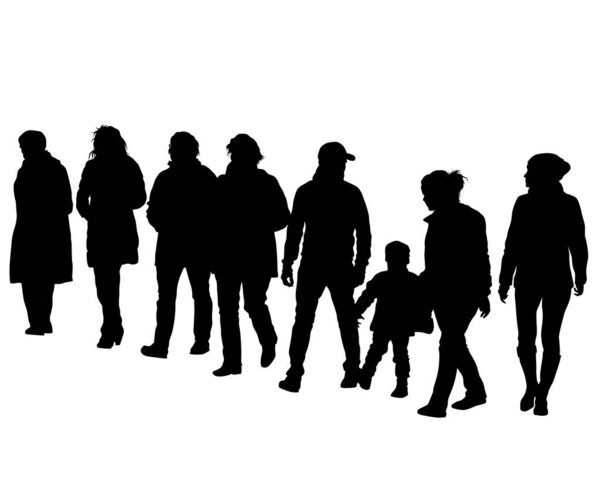 Семьи с маленьким ребенком ходят по улице. Изолированные силуэты людей на белом фоне