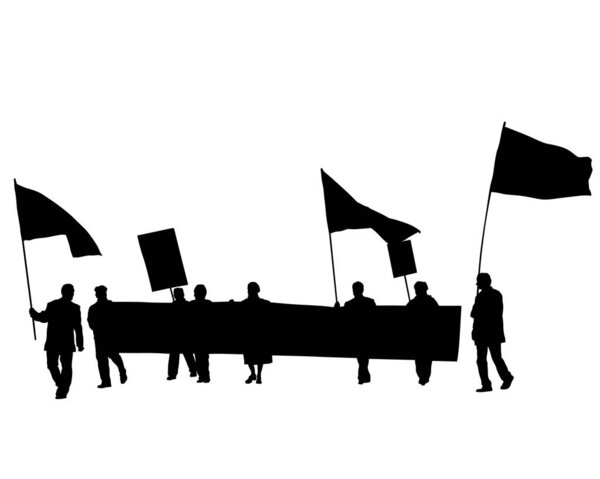 People whit flaf and banner on street. Isolated silhouettes of people on a white background