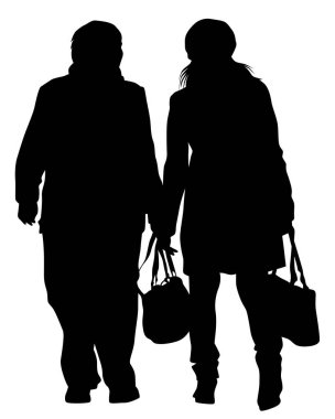 Elinde sopayla yaşlı bir kadın sokakta yürüyor. Beyaz arka planda izole edilmiş siluet