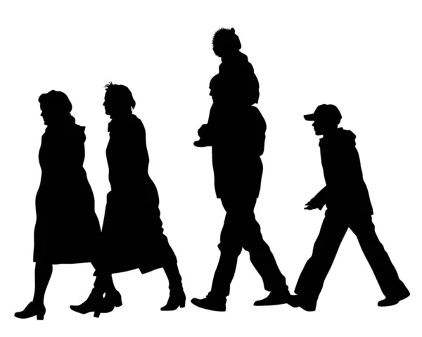 孩子还在街上散步的家庭 具有白人背景的人的孤立的轮廓 — 图库矢量图片