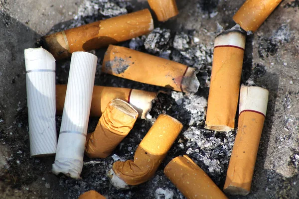 Old Dirty Cigarette Butts Iron Bowl — Stock Photo, Image