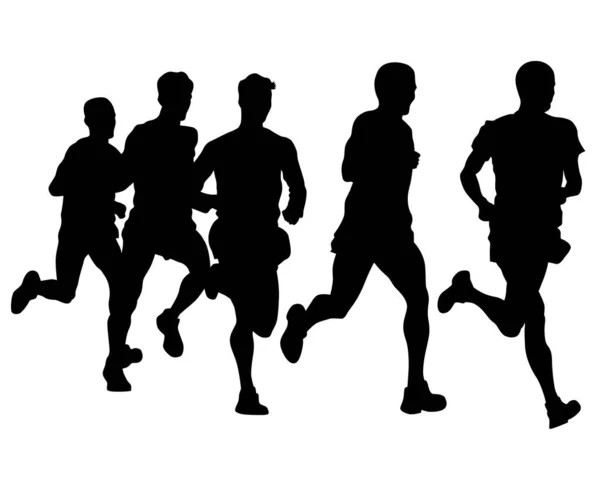 Young Athletes Run Marathon Isolated Silhouettes White Background — Stock Vector