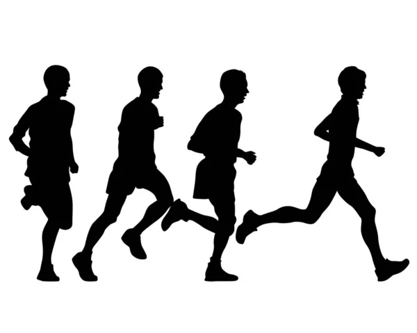 Genç Sporcular Bir Maraton Koşuyor Beyaz Arkaplanda Izole Edilmiş Siluetler — Stok Vektör