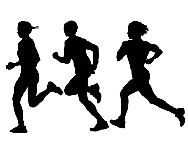 Young Athletes Run Marathon Isolated Silhouettes White Background — Stock Vector