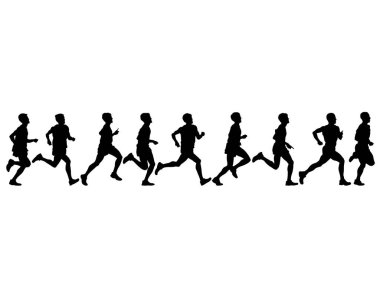Genç sporcular bir maraton koşuyor. Beyaz arkaplanda izole edilmiş siluetler