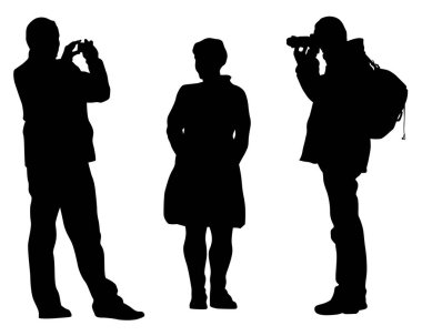 Fotoğraf makinesi ve sokakta kameralı kadınlar. Beyaz arka planda izole edilmiş insan siluetleri