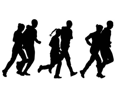 Genç sporcular bir maraton koşuyor. Beyaz arkaplanda izole edilmiş siluetler