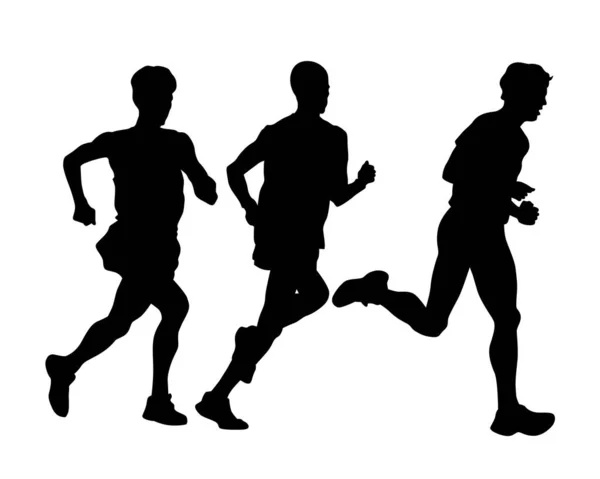 Young Athletes Run Marathon Isolated Silhouettes White Background — Stock Vector