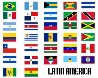 Latin Amerika ülkelerinin bayrakları. Beyaz arkaplanda izole nesneler
