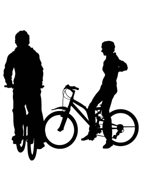 年轻运动员骑自行车做极端特技表演 白色背景上孤立的轮廓 — 图库矢量图片