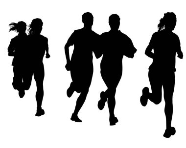Genç sporcular bir maraton koşuyor. Beyaz arkaplanda izole edilmiş siluetler
