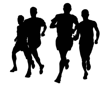 Genç sporcular bir maraton koşuyor. Beyaz arkaplanda izole edilmiş siluetler