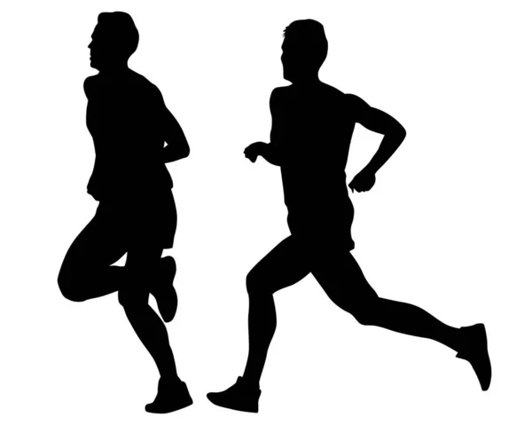 Jonge Atleten Lopen Een Marathon Geïsoleerde Silhouetten Witte Achtergrond — Stockvector