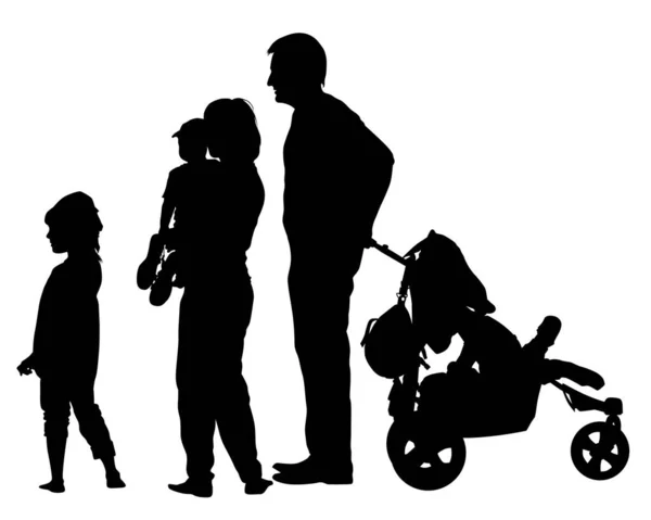 Families Little Child Walking Street Isolated Silhouettes People White Background — Stock Vector
