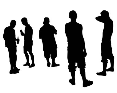 Sokakta şık giyinmiş genç insanlar. Beyaz arkaplanda izole edilmiş siluetler