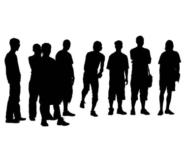 Sokakta şık giyinmiş genç insanlar. Beyaz arkaplanda izole edilmiş siluetler