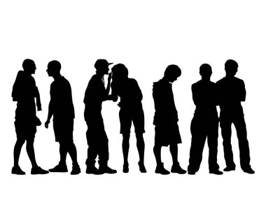 Sokakta şık giyinmiş genç insanlar. Beyaz arkaplanda izole edilmiş siluetler