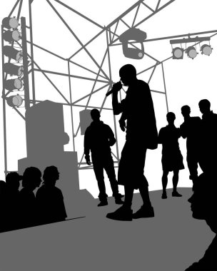 Mikrofonlu genç adam rap okuyor. Hip hop temasında biçimlendirilmiş görüntü