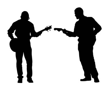 Man whit gitarı sahnede çalıyor. Beyaz arka planda izole edilmiş insan siluetleri.