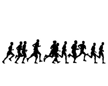 Genç sporcular bir maraton koşuyor. Beyaz arkaplanda izole edilmiş siluetler